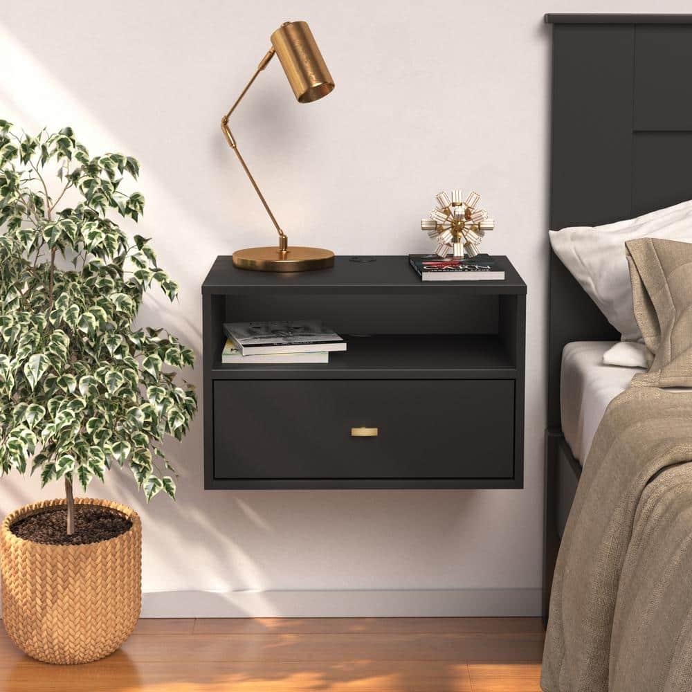 Floating 1 Drawer Nightstand with Open Shelf Black - Prepac: Modern Wall-Mounted Design, Cable Management, Laminated Surface