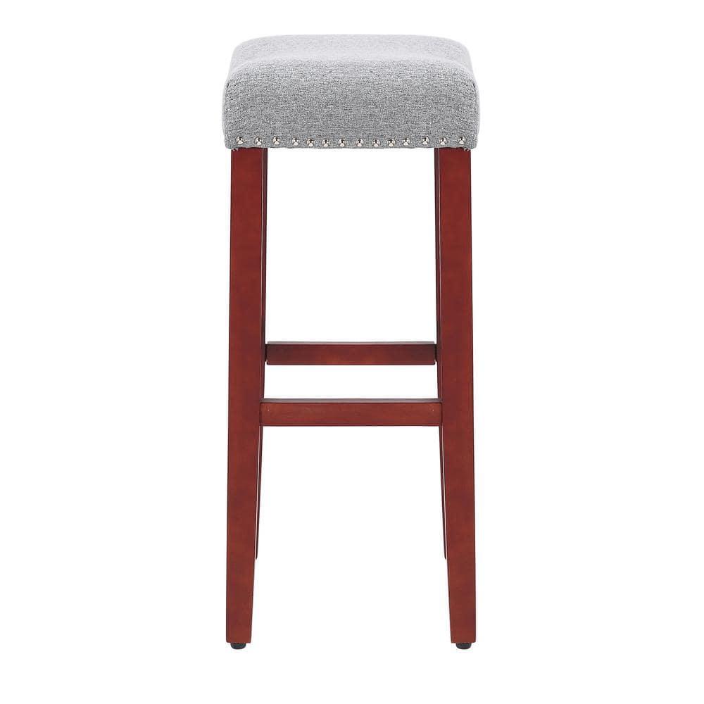 Polytrends Jameson Upholstered Polyester 29" Bar Stool with Cherry Legs - (Set of 2) Cherry/Gray
