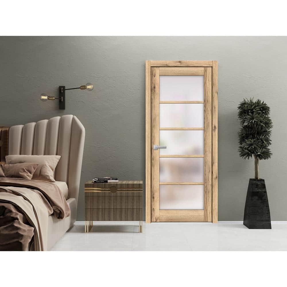 SARTODOORS Solid French Pre-Hung Door Frosted Glass | Quadro 4002 | Single Regular Panel Frame Trims Handle | Bathroom Bedroom Sturdy Doors