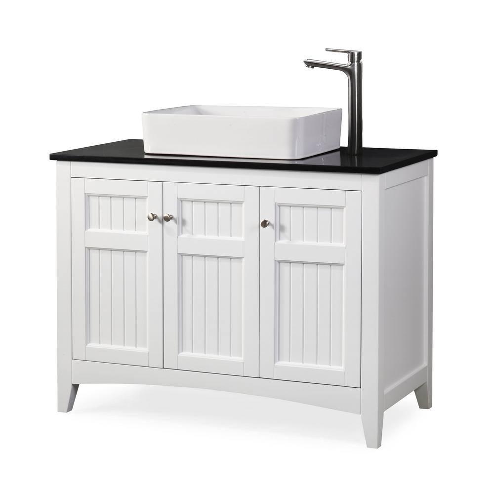 Benton Collection 42" Triadsville White Vanity with Black Granite Top, Vessel Style Bathroom Sink, Soft-Closing Doors, Full Extension Drawer, Brushed Nickel Hardware