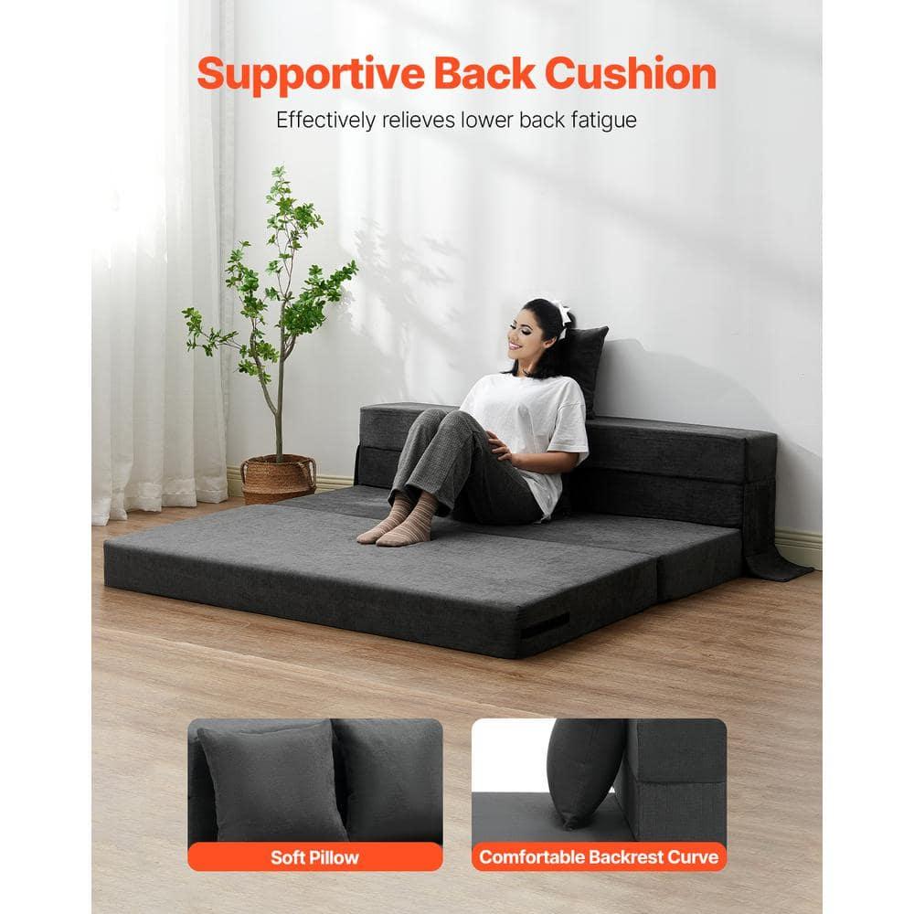 VEVOR Folding Sofa Bed, 3-in-1 Foldable Couch Bed with 2 Pillows and Washable Cover, 25D High Density Memory Foam Sleeper Chair Bed, Dark Grey(Queen)
