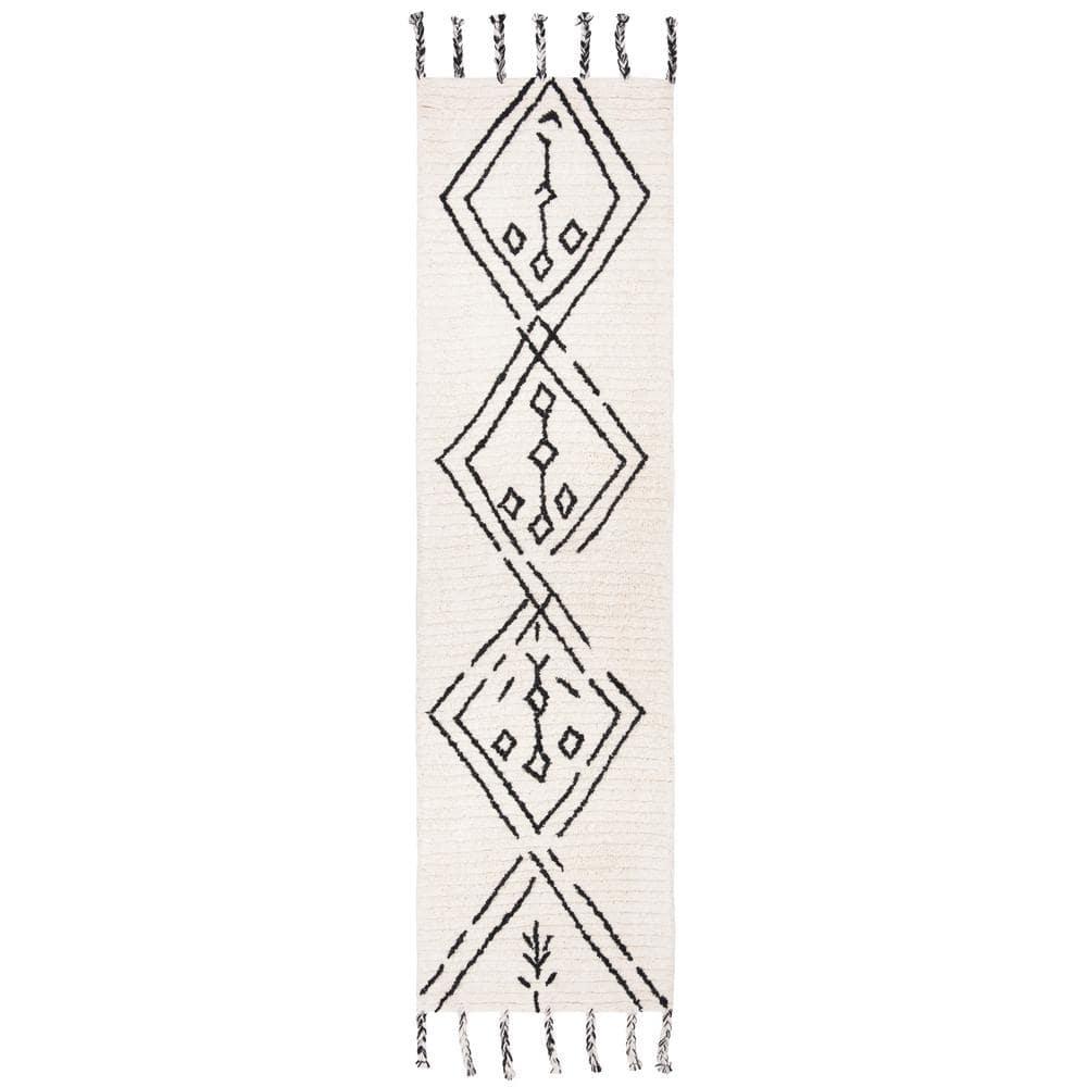 SAFAVIEH Casablanca Otis Abstract Moroccan Wool Shag Runner Rug, Ivory/Black, 2'3" x 8'