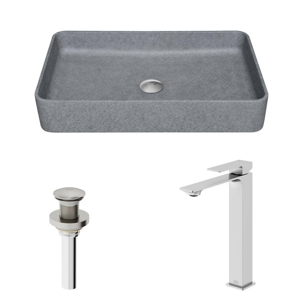 VIGO Dunn Tarragona Gothic 19" L x 14" W x 4" H Rectangular Concrete Vessel Bathroom Sink with 11" H Faucet VGT2085