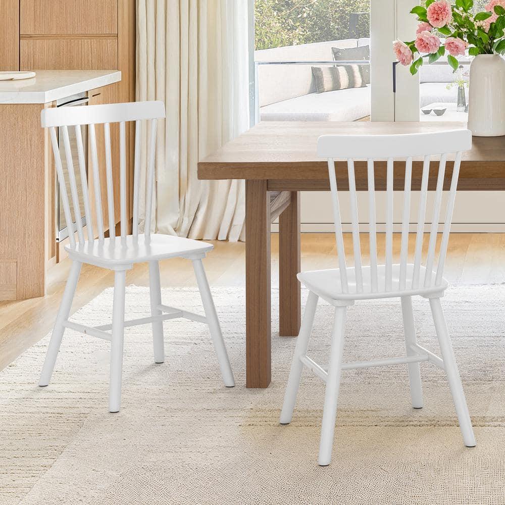 Dayalane Farmhouse Windsor Dining Chairs Set of 2, Solid Wood Spindle Back Dining Side Chairs, Mid-Century French Country Oak Kitchen Chairs for Dining Room Living Room Kitchen Restaurant, White