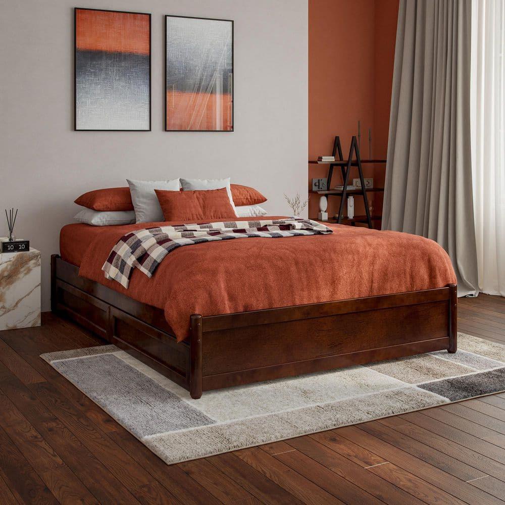 Barcelona Full Solid Wood Panel Platform Bed with Storage Drawers in Walnut