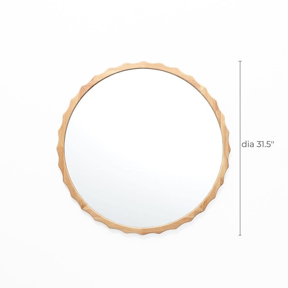 LuxenHome 31.5-Inch Round Natural Rubberwood Scalloped Frame Wall Mirror Brown