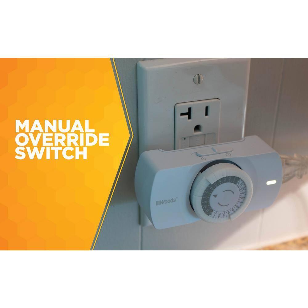 Woods 50101WD Easy-to-use Narrow Style Indoor 24-Hour Mechanical Timer, Single 2-prong (polarized) Outlet, White