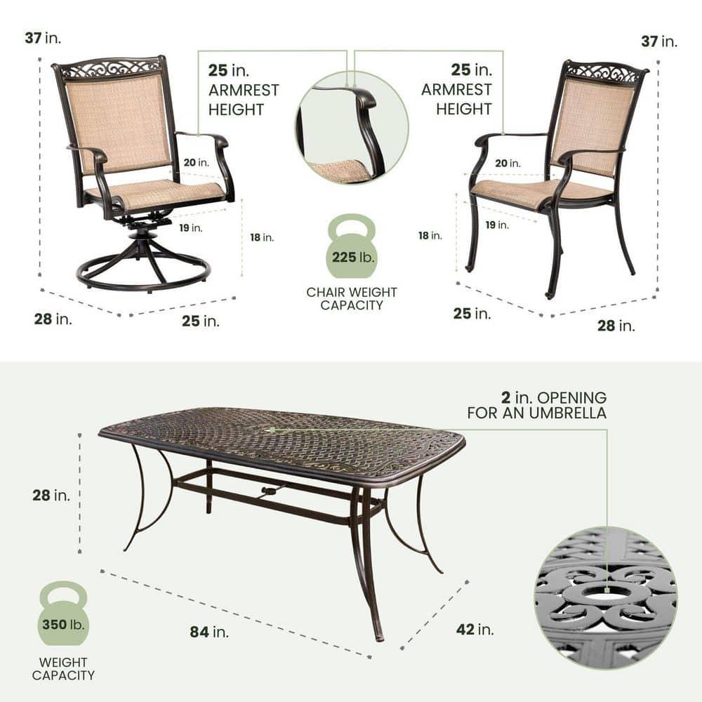 Hanover Fontana 7-Piece Outdoor Dining Set with 2 Sling Swivel Rockers, 4 Sling Chairs, and a 38-In. x 72-In. Cast-Top Table