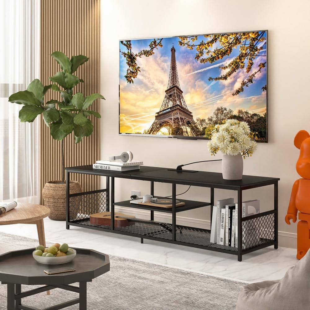 TV Stand with Power Outlets for Televisions up to 65", 55" Media Entertainment Center with 3-Tier Open Shelves Black