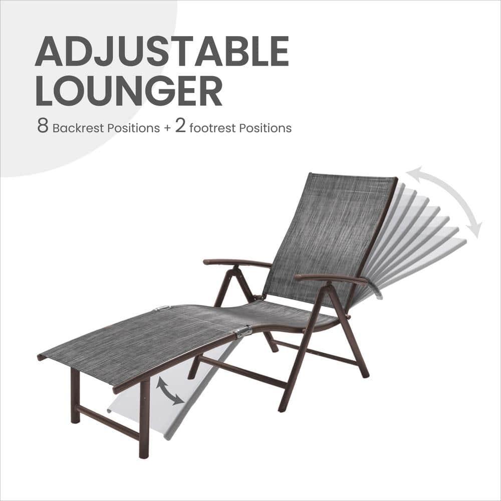 Crestlive Products Outdoor Aluminum Folding Patio Chaise Lounge Chair, Dark Gray