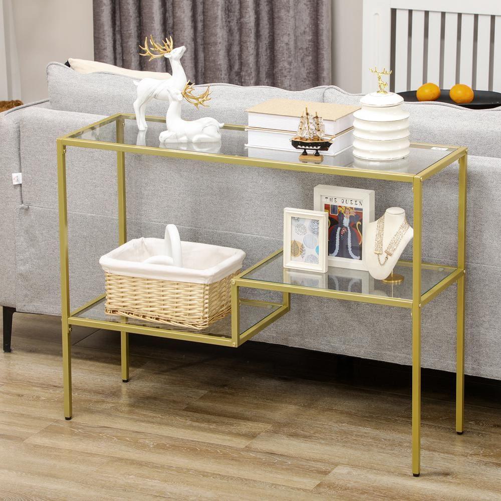 HOMCOM Gold Console Table, 39" Tempered Glass Behind Sofa Table, Narrow Entryway Table with Storage Shelves, Steel Frame Glass Table
