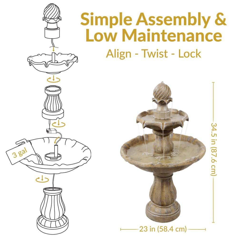 Sunnydaze Outdoor 2-Tier Solar Powered Water Fountain with Battery Backup and Submersible Pump - 35" - Earth Finish
