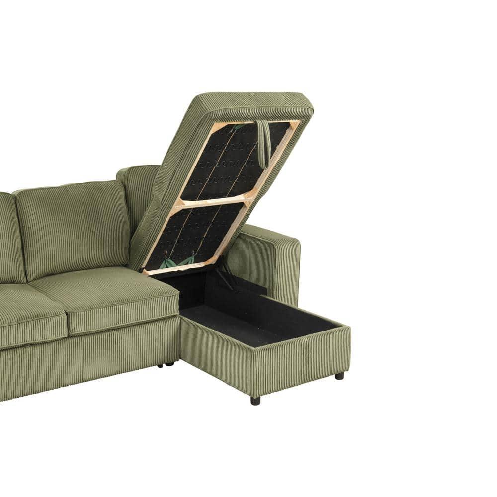 HOMES: Inside + Out Paeke Sleeper Sectional Sofa Corduroy with Storage Chaise and Reversible Green