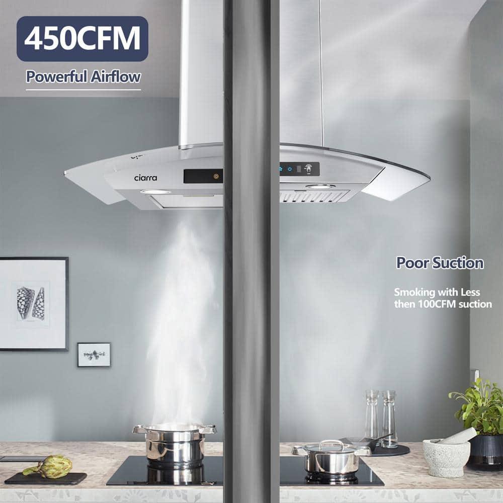 CIARRA Wall Mount Range Hood 30 inch with Tempered Glass 450 CFM Kitchen Vent Hood Ductless Ducted Convertible CAS50275
