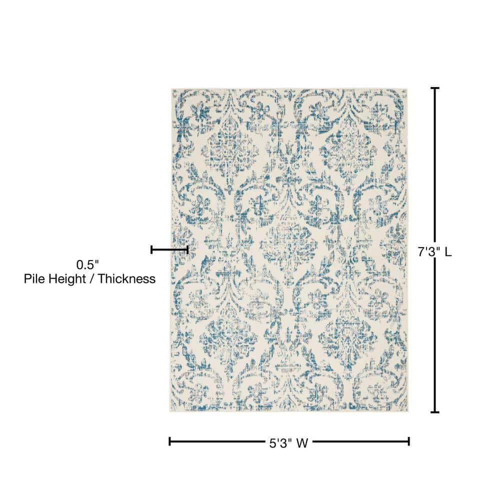 Nourison Jubilant 5'3" x 7'3" (5' x 7') Ivory/Blue Area Rug Farmhouse Vintage Damask by Nourison
