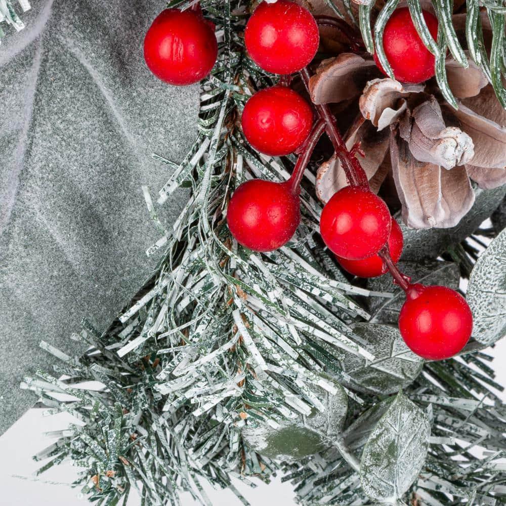 GIL  Snowy Pine Christmas Wreath with Red Berries, Pinecones & Bow