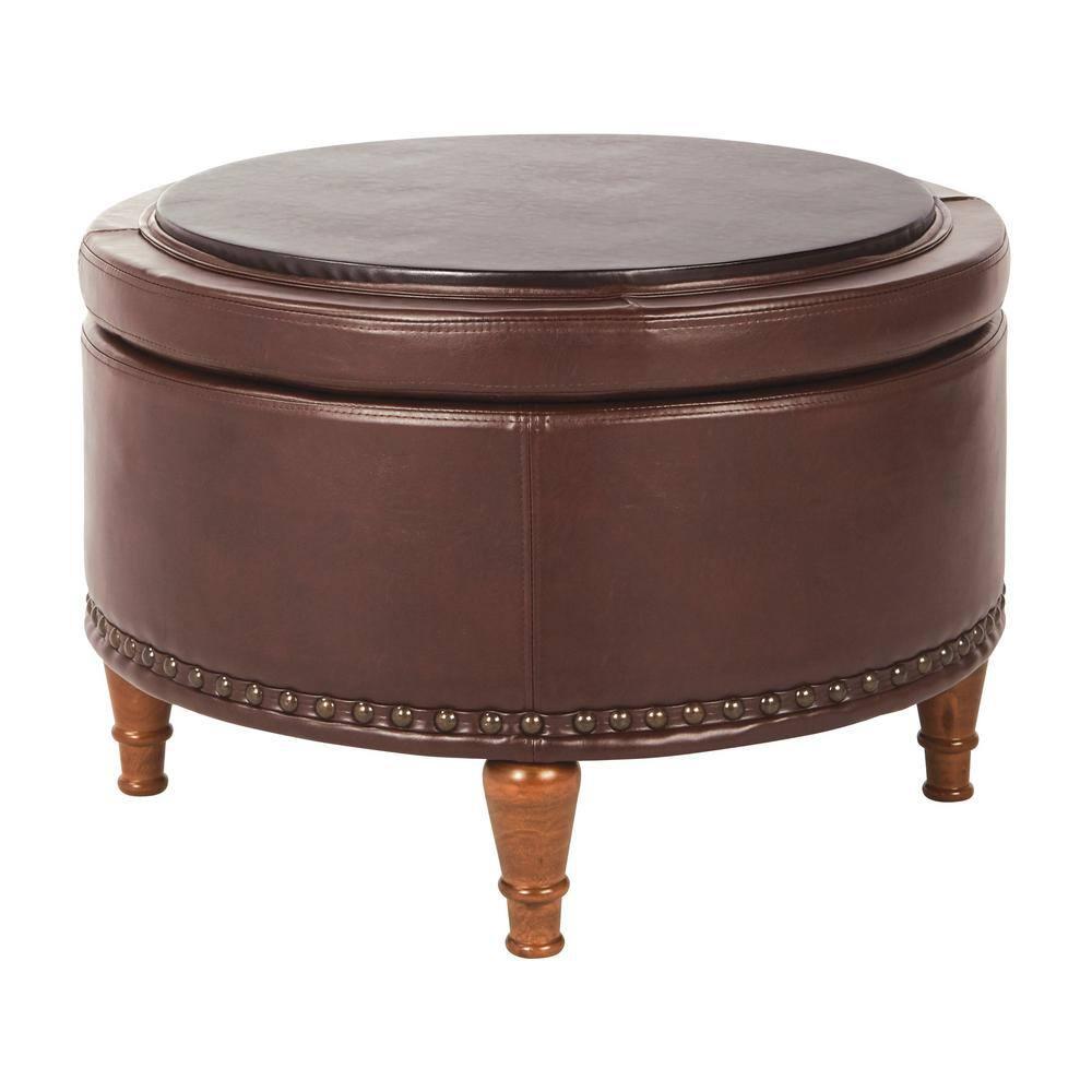 OSP Home Furnishings Alloway Storage Ottoman in Espresso Faux Leather with Antique Bronze Nailheads