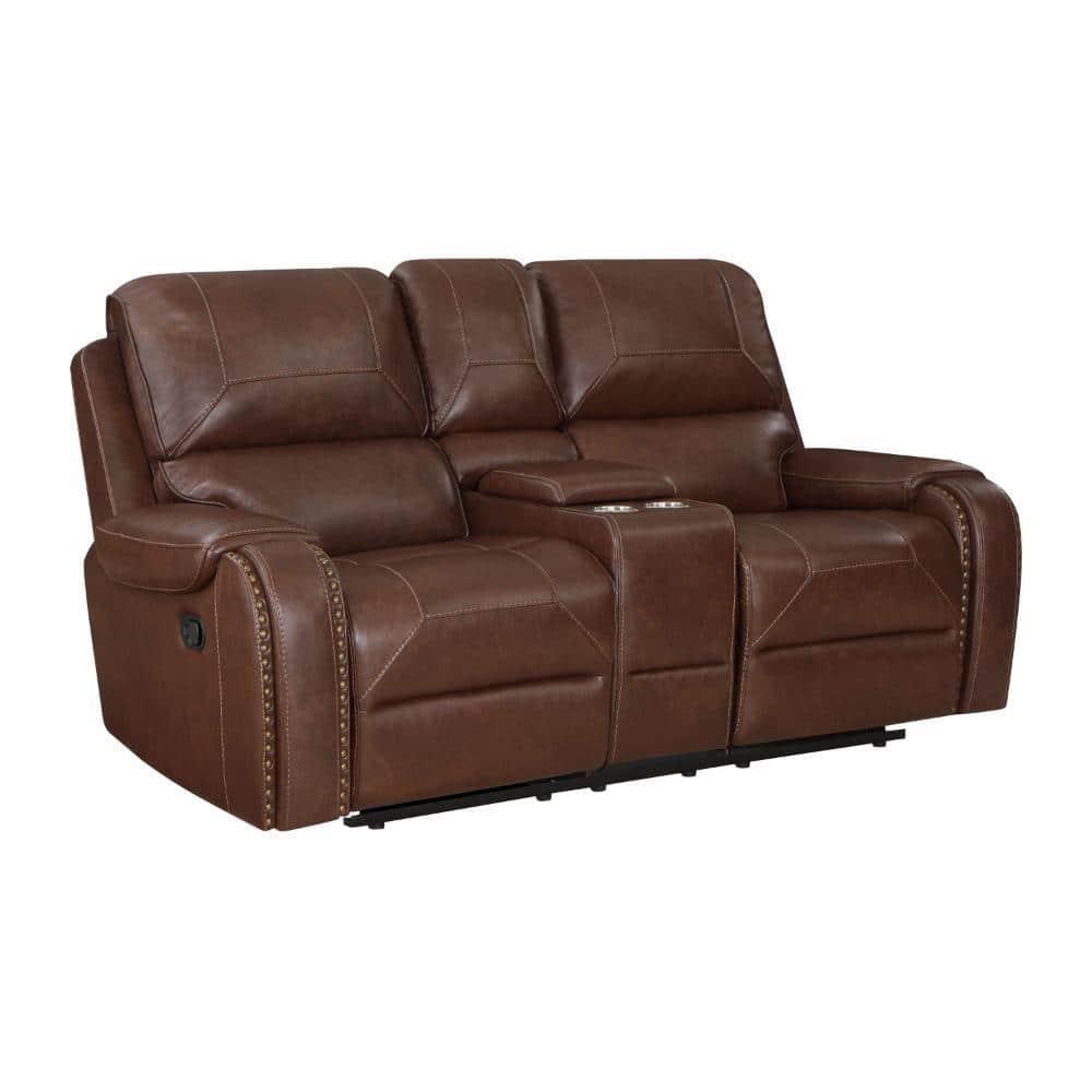 Benjara  76 in. Dean Dual Manual Recliner Loveseat, Cupholders, Brown Faux Leather