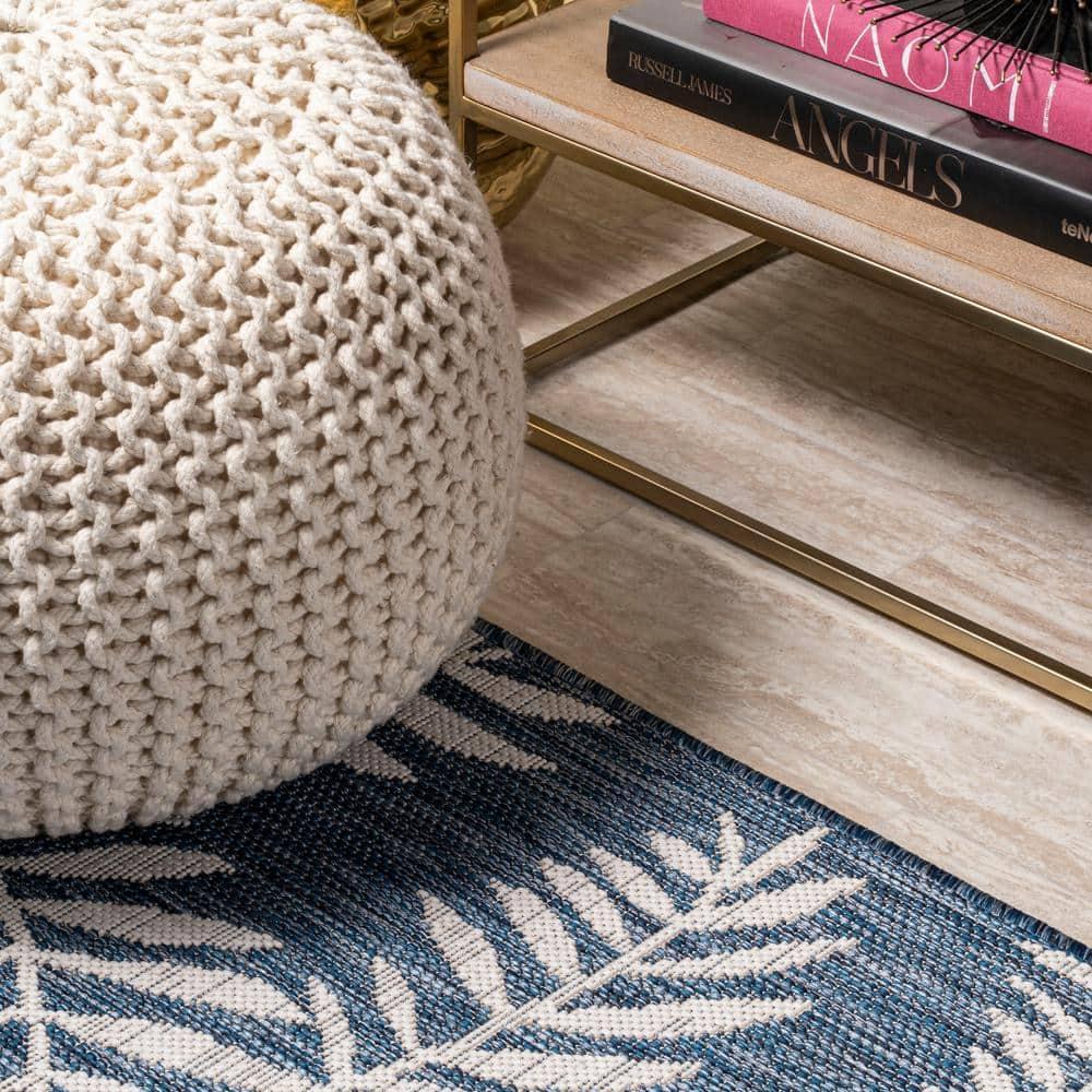 5' Square Nevis Palm Frond Indoor/Outdoor Area Rug, Navy/Ivory - JONATHAN Y