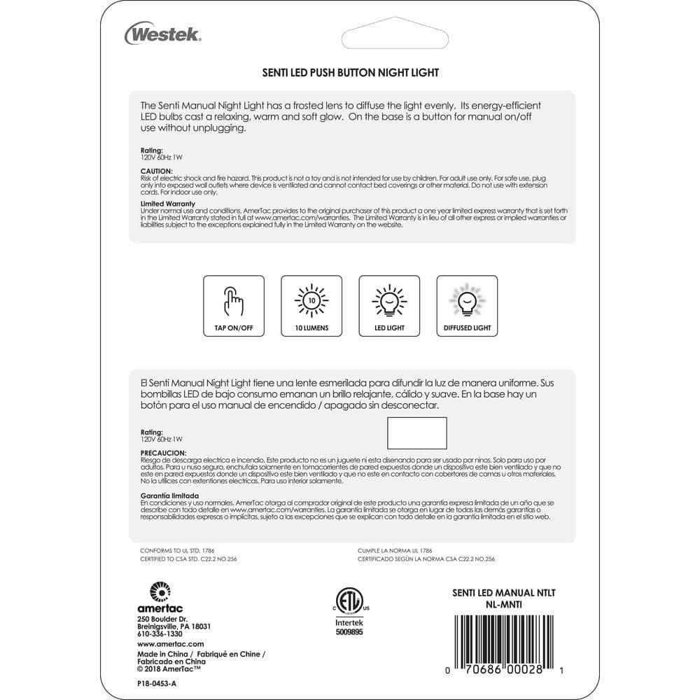 Westek NL-MNTI Senti Push Button Night Light, White, 1-Pack