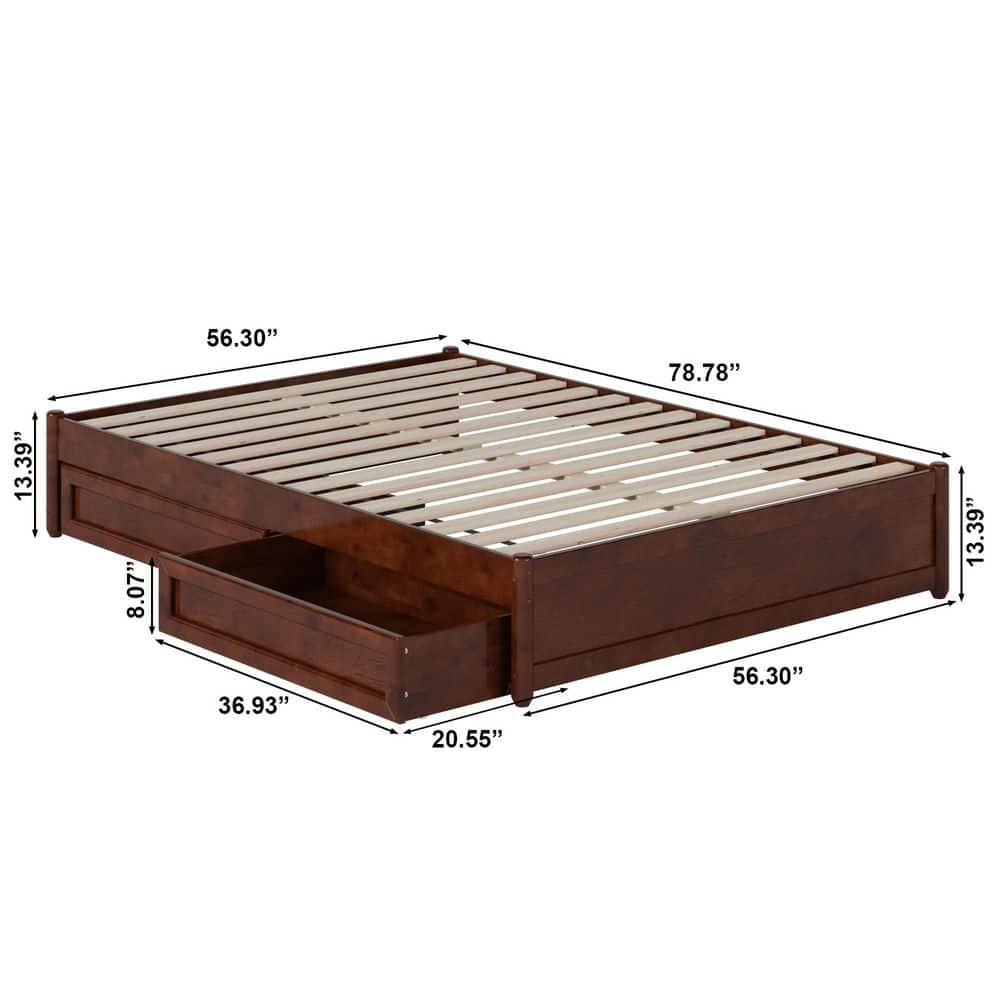 Barcelona Full Solid Wood Panel Platform Bed with Storage Drawers in Walnut