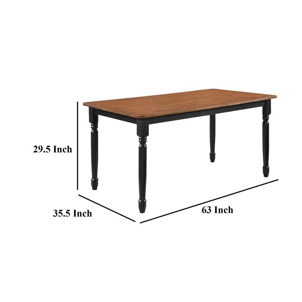 Benjara Halie Dining Table, Black Turned Legs, Rectangular Brown Wood, 63 Inch