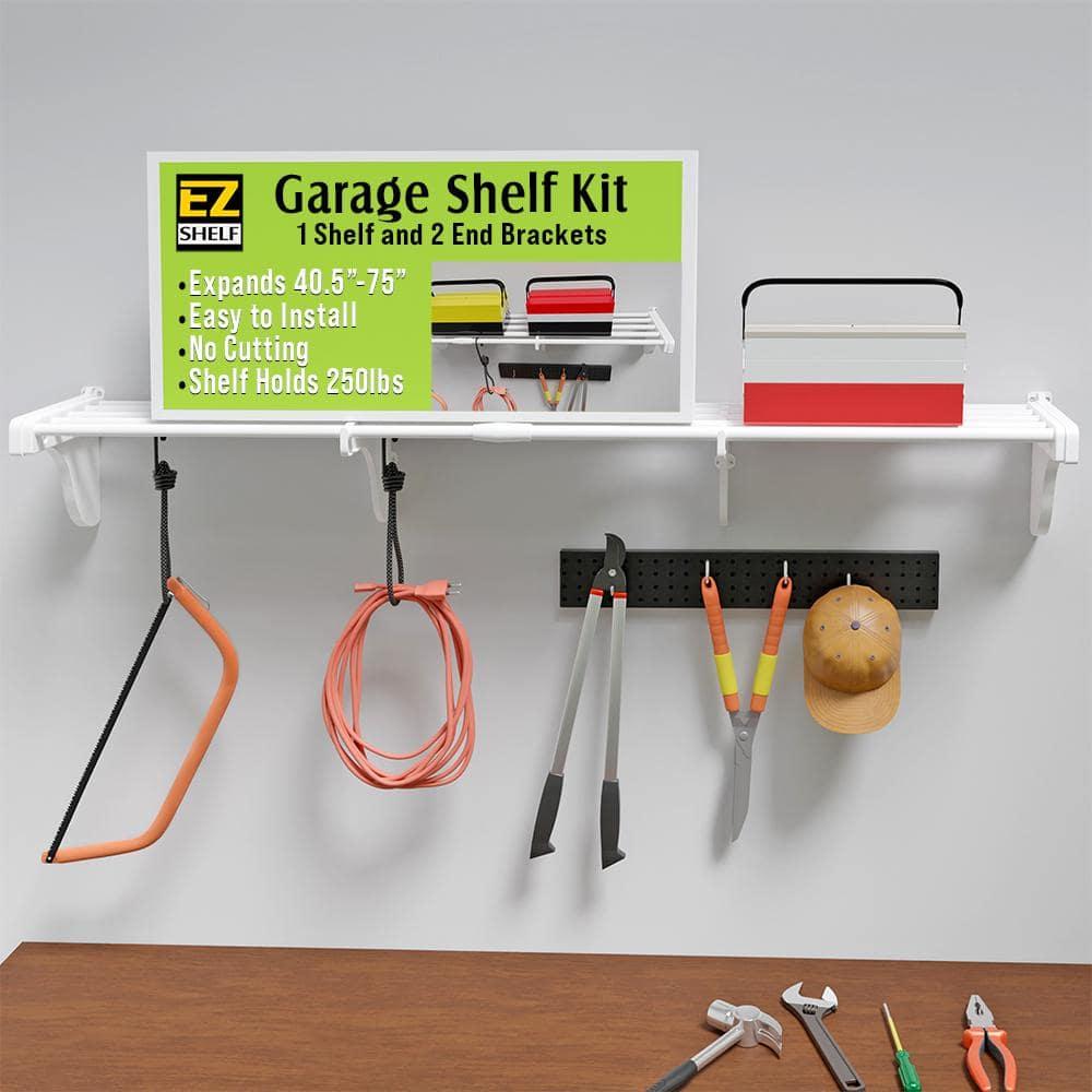 EZ Shelf-Expandable-Garage Shelf- -White- Easy to Install -Strong (up to 250 Lbs)- Wire Shelving Alternative –Wall Mounted Garage Shelf Organizer (White, 40.5" - 75")