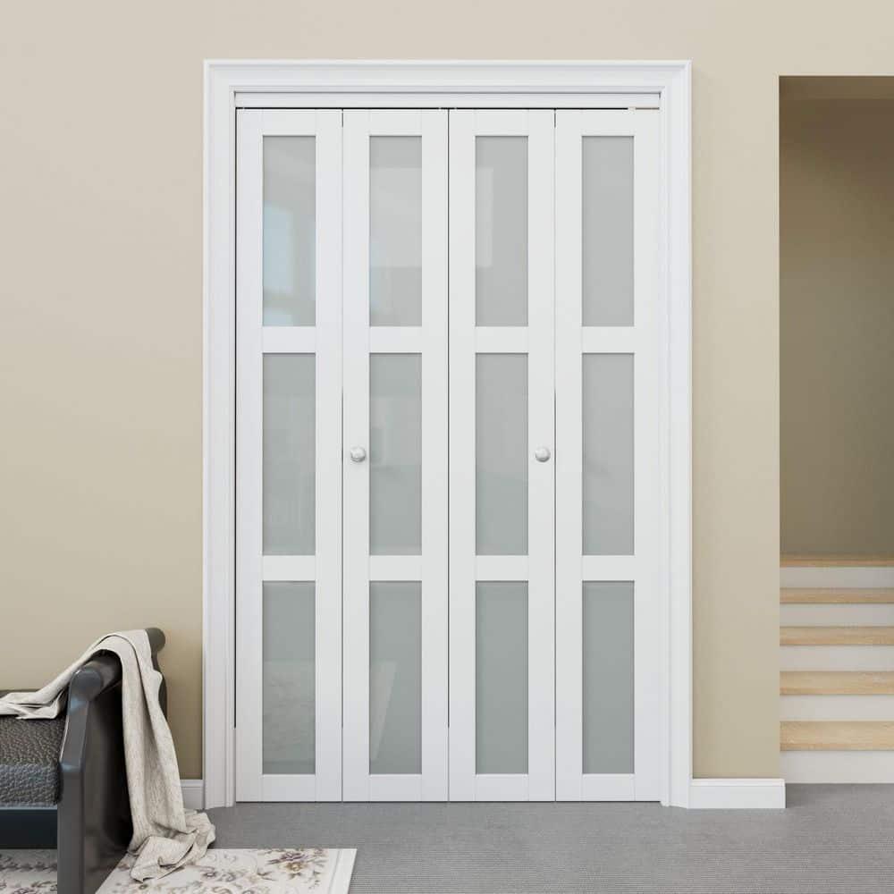CHIC MODE Double Bifold Doors 3 Lite Frosted Glass Solid Manufactured Wood Prefinished Folding Door