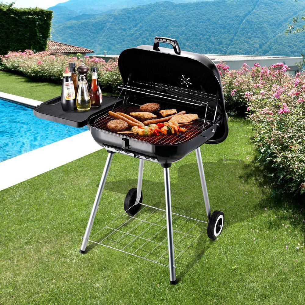 Outsunny 21" Steel Charocal Grill with Portable Wheel, Side Tray and Lower Shelf for Outdoor BBQ for Garden, Backyard, Poolside