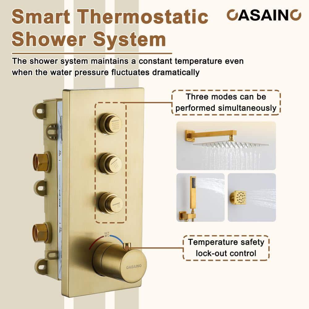 3 Functions 12 Inch Wall Mount Thermostatic Shower System with 6 Body Jets