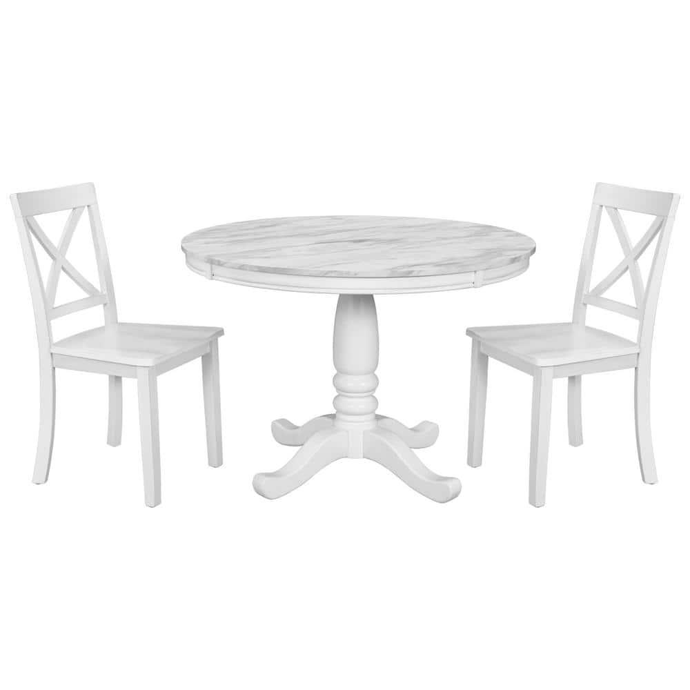 5 Pieces Dining Sets with Round Marble Top Table and 4 Chairs, Fashion Home Kitchen Table and Chairs Set for 4 Persons, Simple Dining Table Set, Steady and Durable, White