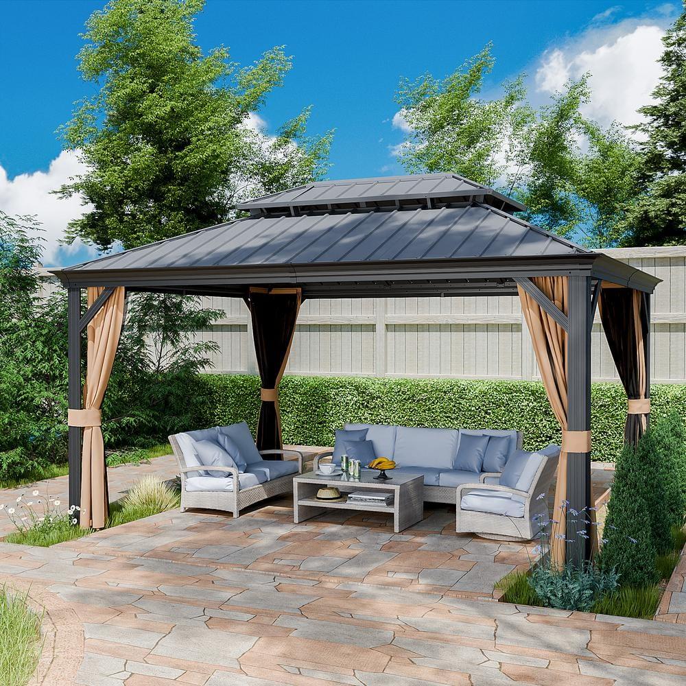 Kozyard Kozyard Alexander Gray Double Roof Hardtop Gazebo with Privacy Curtain Mosquito Netting