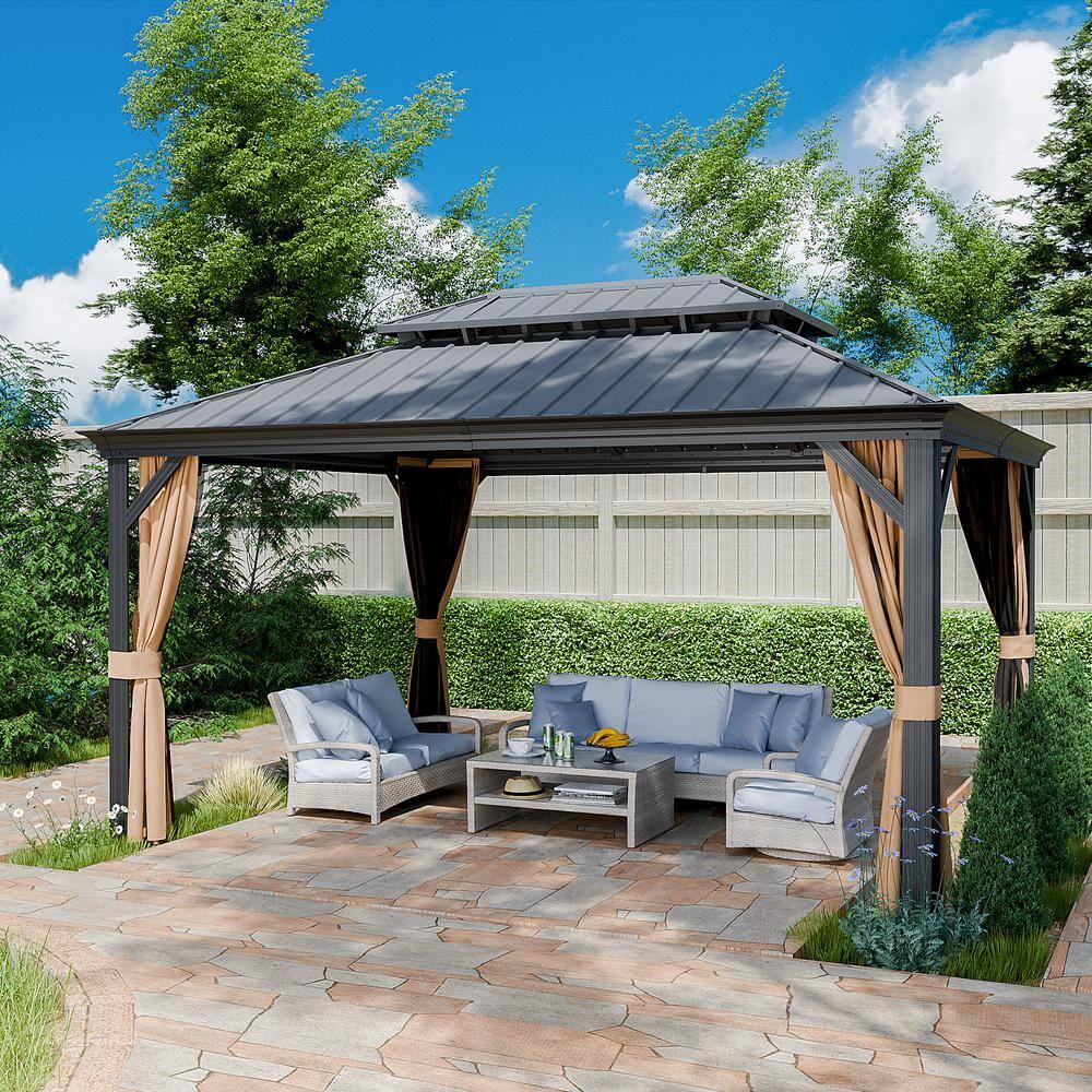 Kozyard Kozyard Alexander Gray Double Roof Hardtop Gazebo with Privacy Curtain Mosquito Netting