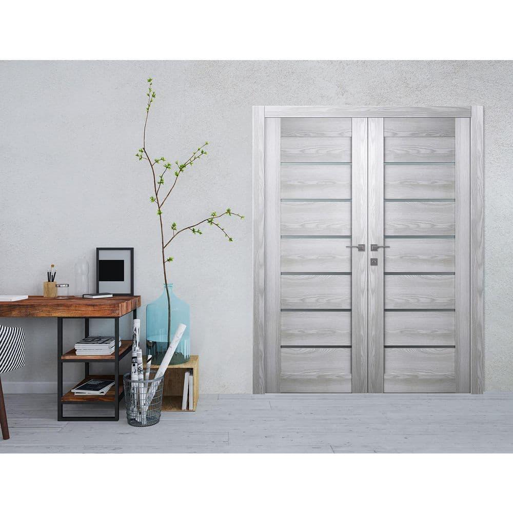 Gray Pine Composite Double Prehung French Door with Frosted Glass