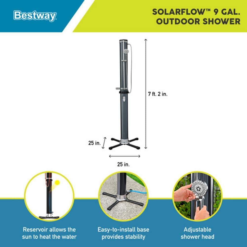 Bestway SolarFlow 9.2 Gallon Water Capacity Solar Heat Outdoor Shower with Adjustable Shower Head, Multiple Spray Settings and Quick Connector, Black