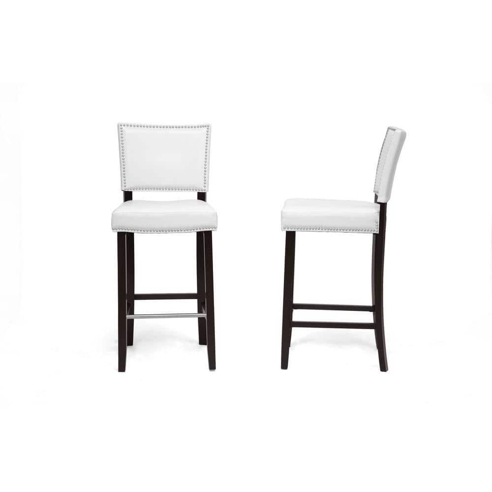 Aries Modern Barstool with Nailhead Trim White - Baxton Studio: Upholstered, Rubber Wood Frame, Stainless Steel Footrest