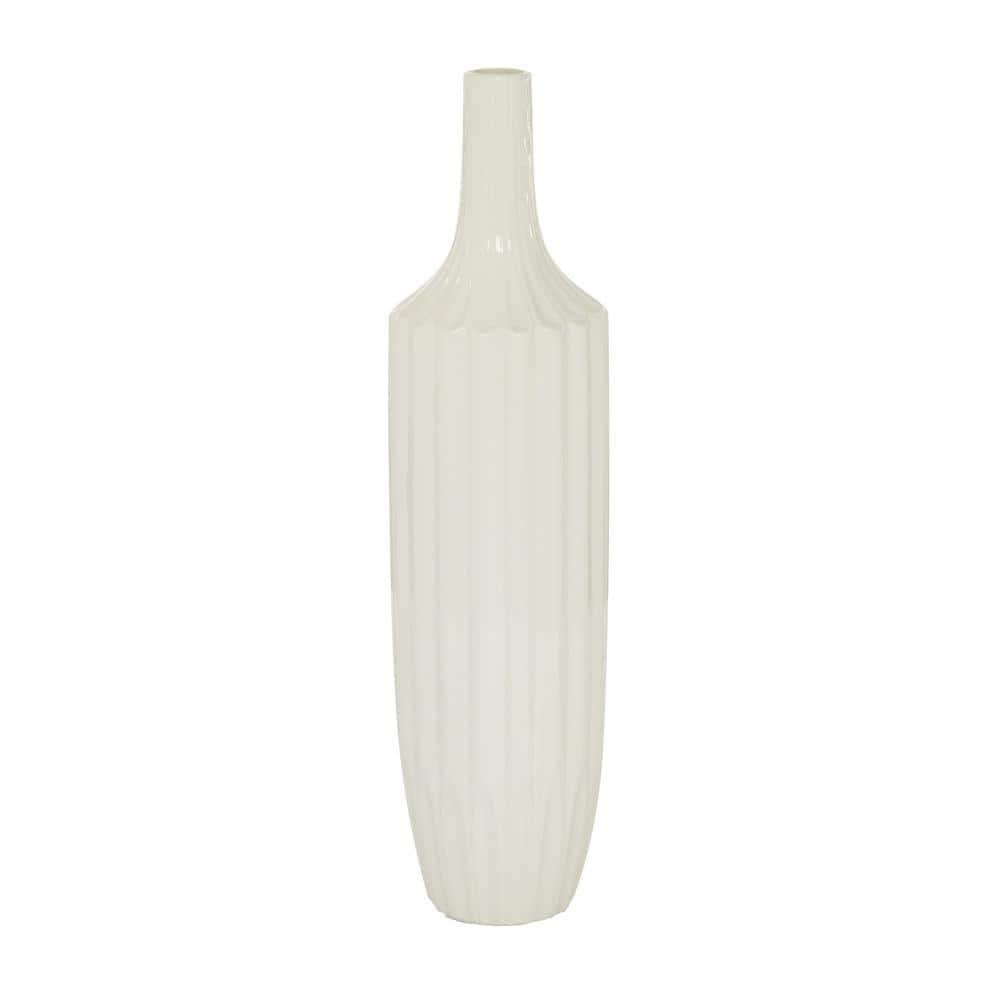 DecMode Modern Ceramic Tall White Decorative Vase with Vertical Groove Pattern 5"W x 19"H