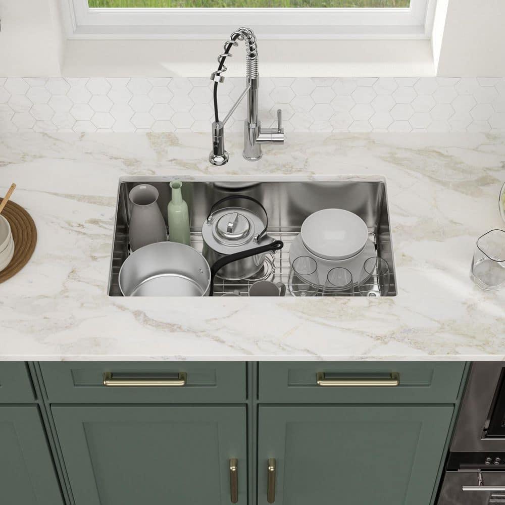 Sarlai 28'' L x 18" W Undermount Single Bowl Stainless Steel Kitchen Sink with Sink Grid and Basket Strainer SU2818R