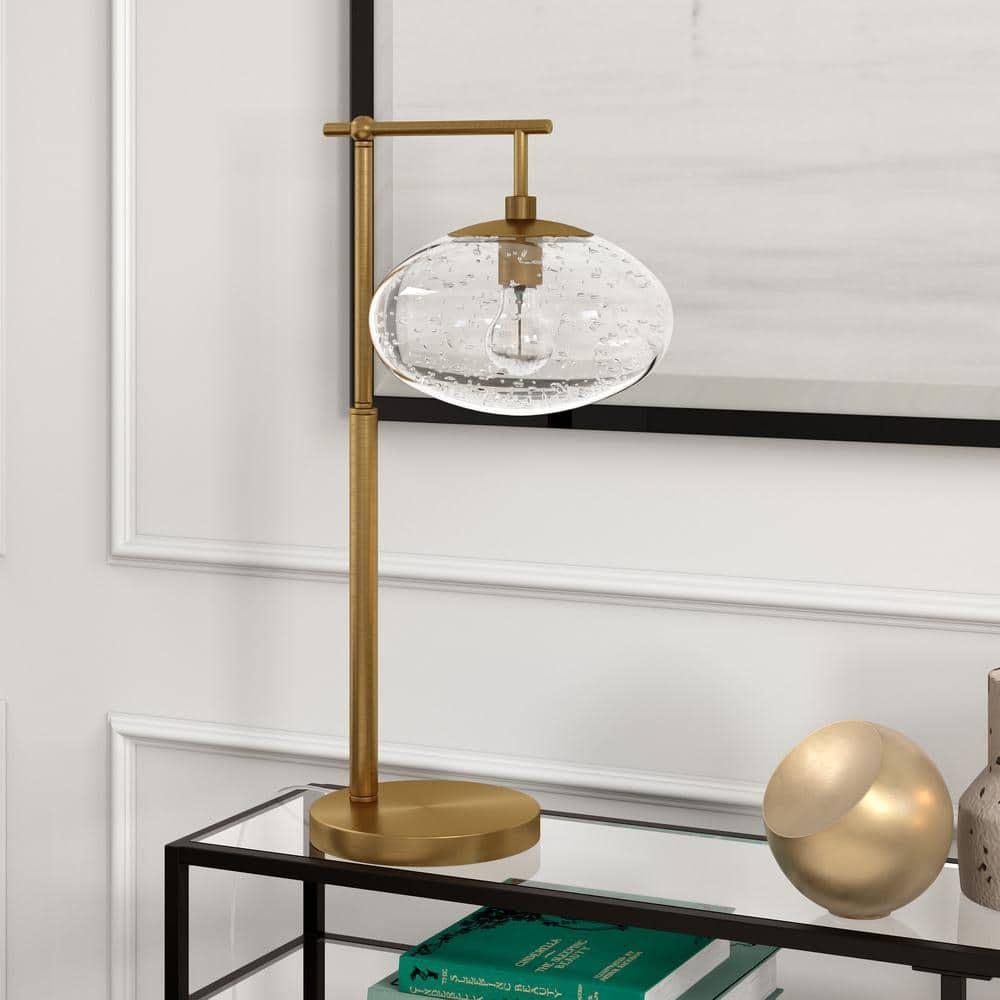Evelyn&Zoe Blume 25" Tall Arc Table Lamp with Glass Shade in Brushed Brass/Seeded