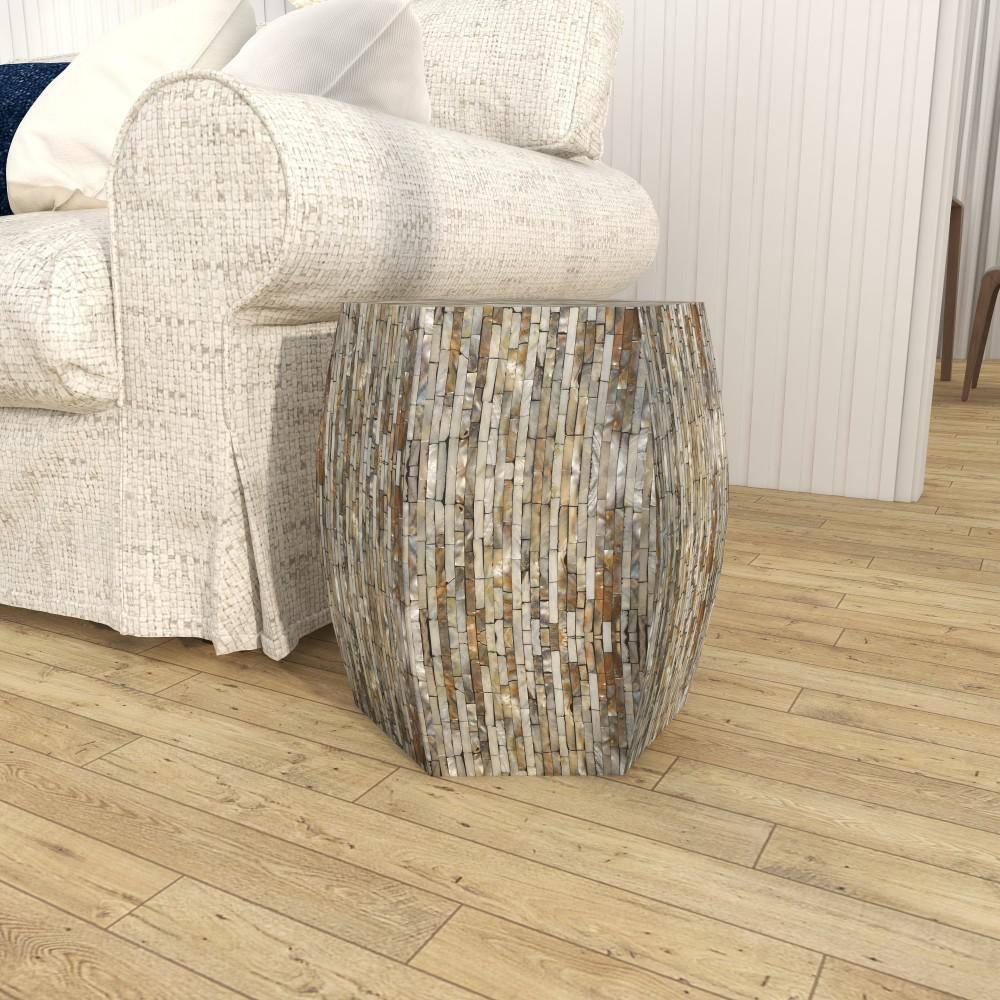 Wrought Studio™ Alissa Mother of Pearl Shell Handmade Shell Mosaic Hexagon Side End Gray Accent Table with Brown Accents