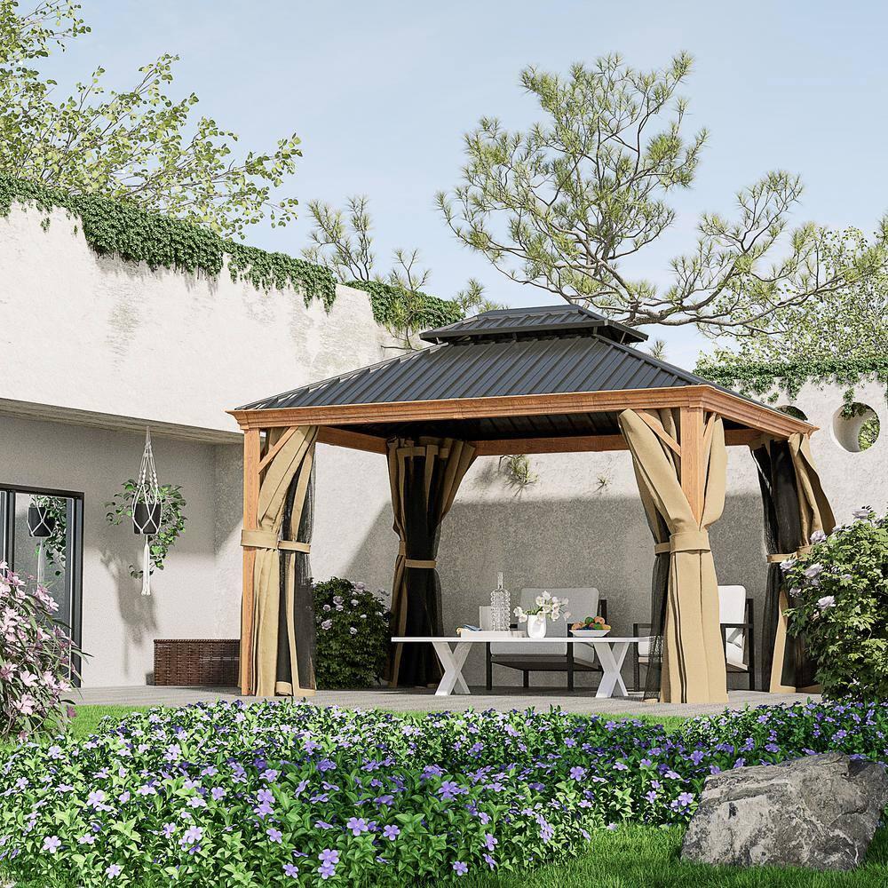 10 ft. x 12 ft. Double Roof Hardtop Wood Grain Aluminum Patio Gazebo with Netting and Khaki Curtains