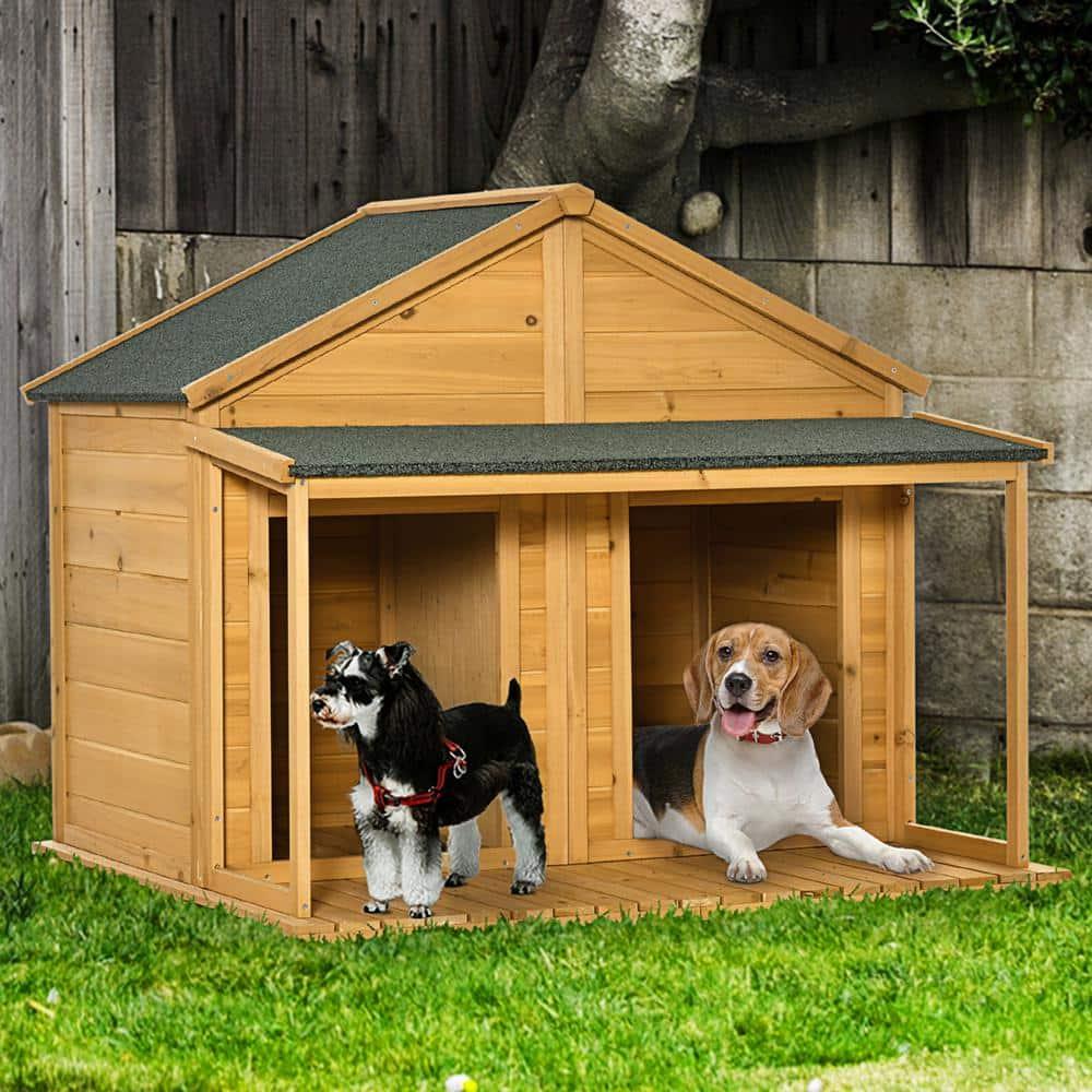 PawHut Wooden Dog House Outdoor Duplex for 2 Medium or Small Dogs, Outdoor Double Dog House with Porch, 50" x 43" x 43"