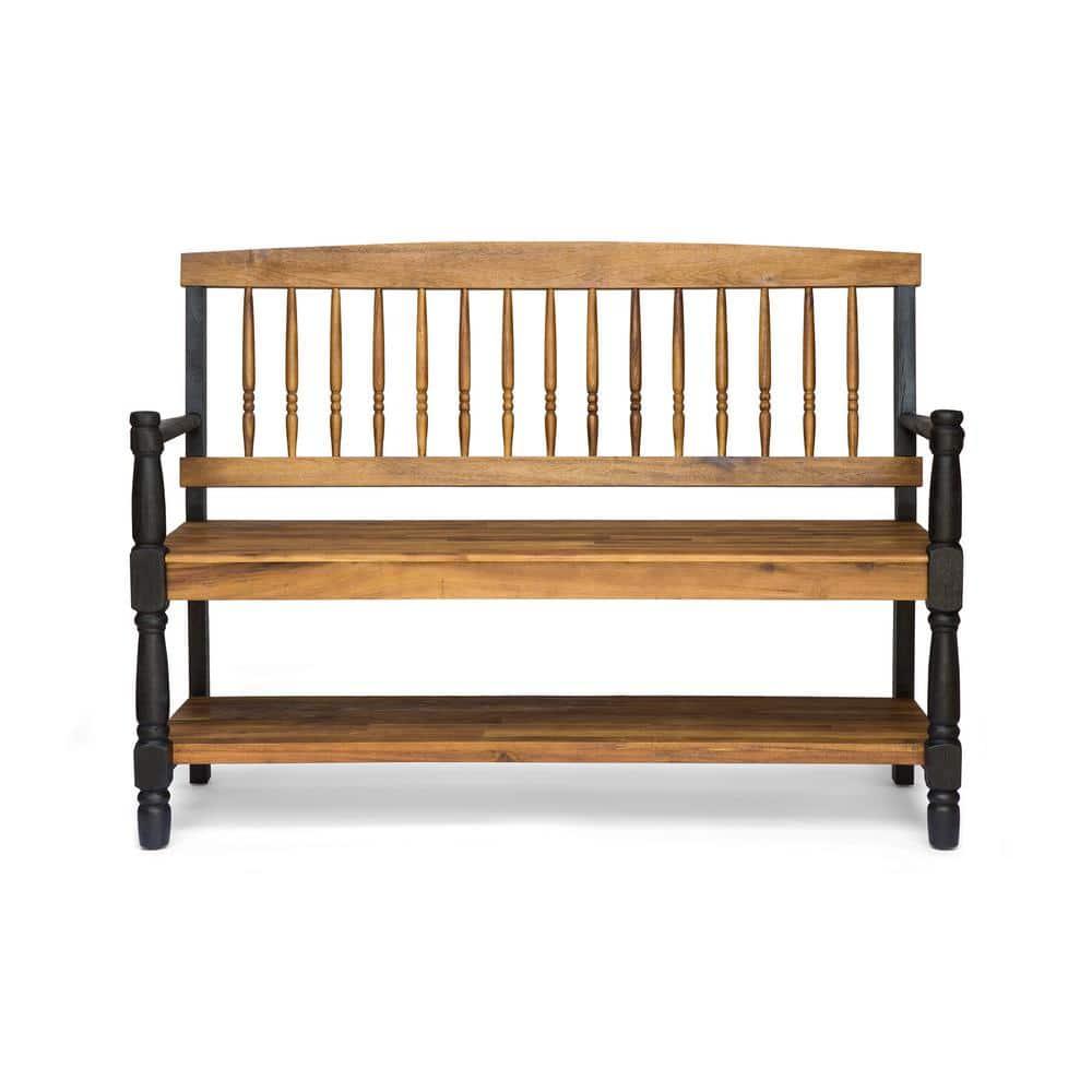 GDF Studio Kuhn Indoor/Outdoor Acacia Wood Bench with Shelf, Teak and Black
