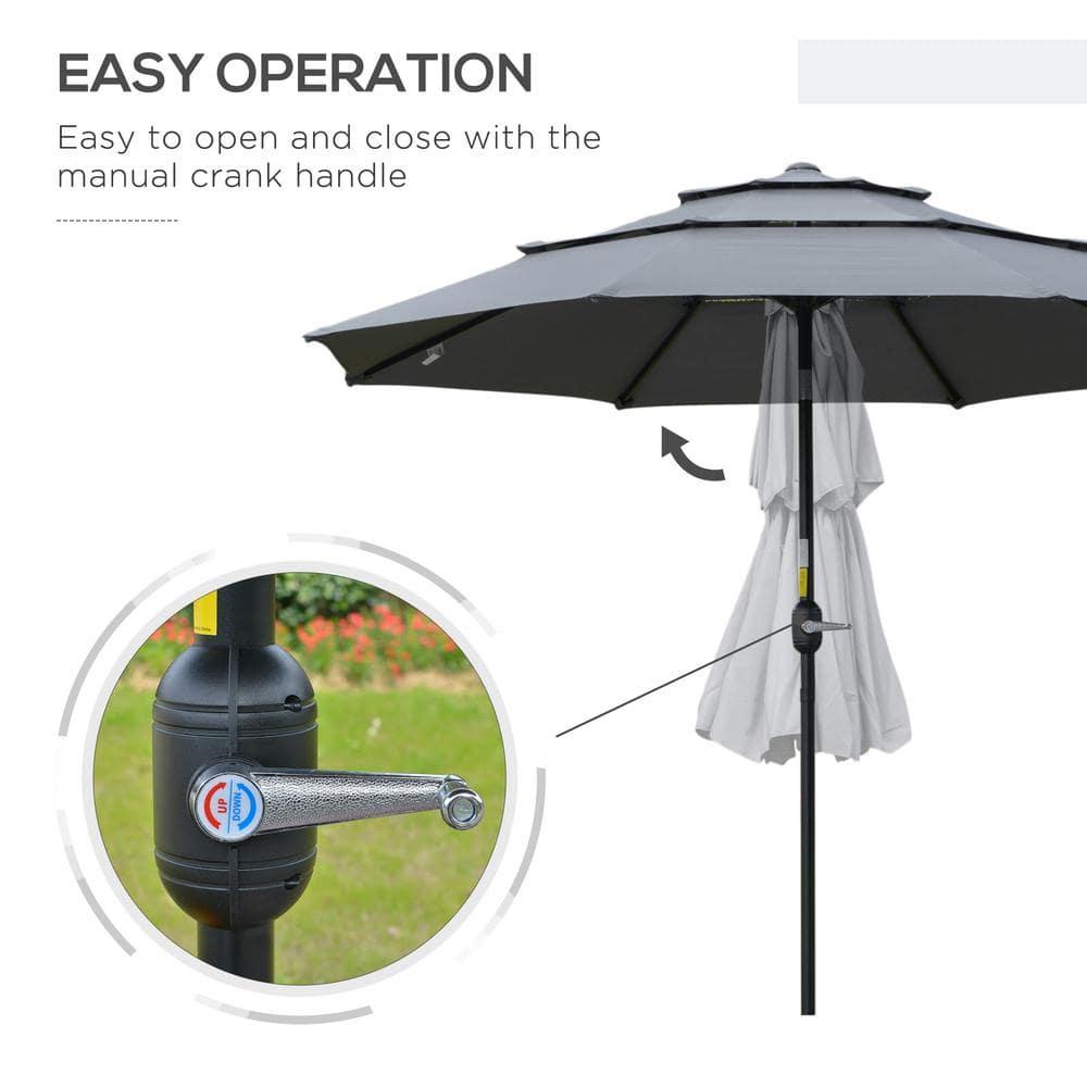 Outsunny 9' 3-Tier Patio Umbrella, Outdoor Market Umbrella with Crank and Push Button Tilt for Deck, Backyard and Lawn, Dark Gray