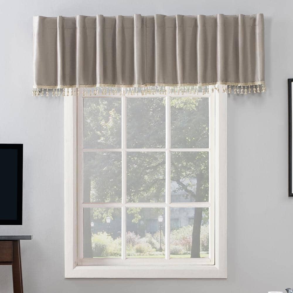 50"x17" Sun Zero Blackout Evelina Faux Dupioni Silk Beaded Tassels Curtain Valance Beige: Window Valance, Solid Pattern