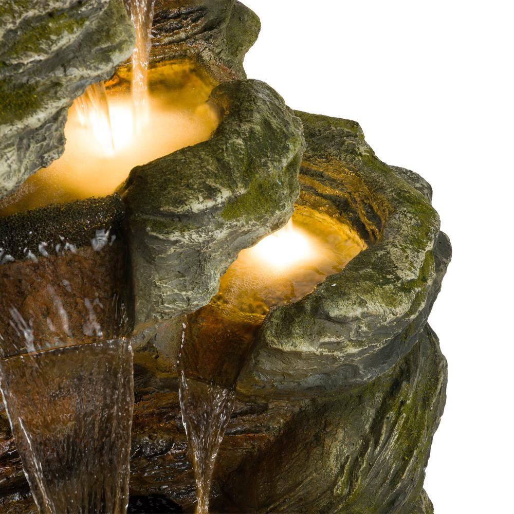 51" Resin Rock Cascading Fountain with LED Lights Gray - Alpine Corporation: Waterfall Feature, Birdbath