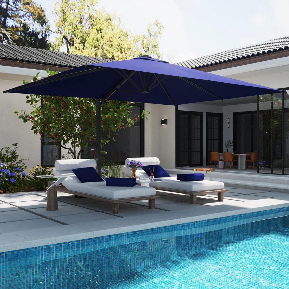 Mondawe 10x13 Ft Patio Cantilever Umbrella with Base,360° Rotation Offset and LED Light Panel,Large Rectangular Outdoor Umbrella for Pool Deck, Navy