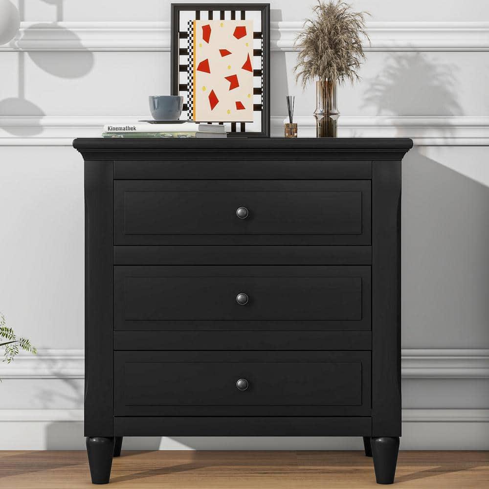Glavbiku Modern 3 Drawer Nightstand,Wood Bedside Table for Bedroom,Black,28.1" H x 27.9" L,Adult