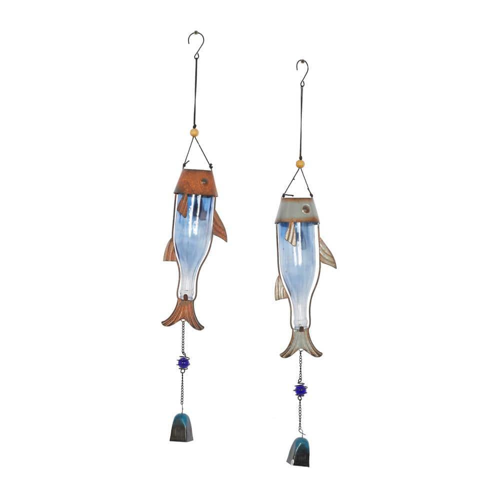 DecMode 32" Blue Metal Fish Windchime with Glass Bottle Body and Beads (2 Count)