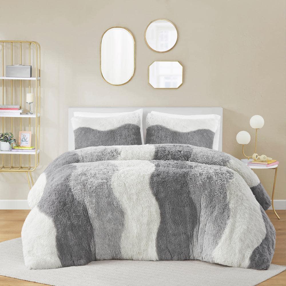 Intelligent Design 3pc Full/Queen Rachel Ombre Shaggy Faux Fur Comforter Set Gray: Hypoallergenic, Contemporary Style